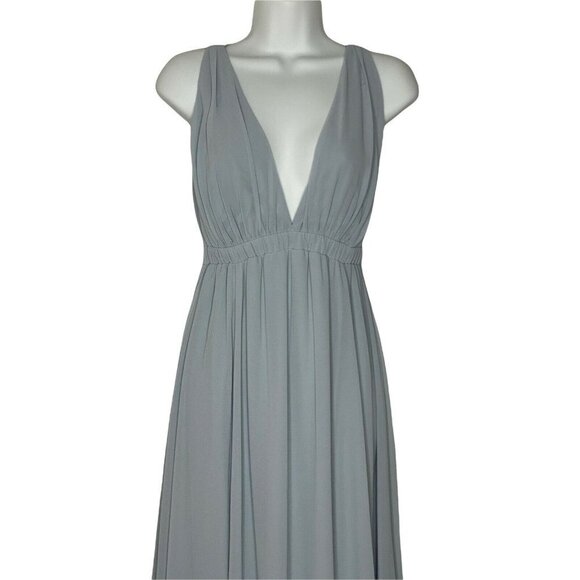 SHOW ME YOUR MUMU DRESS AVA MAXI‎ STEEL BLUE CHIFFON DEEP V SIZE S - Picture 3 of 9